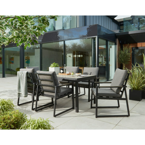 Hemsby 6 Seater Rectangular Dining Set  - Black Aluminium Frame - Walnut Poly Wood - Light Taupe Cushions