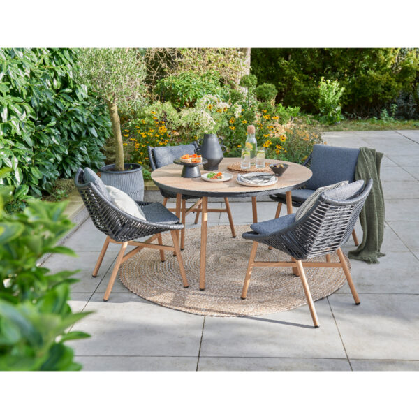 Keswick 4 Seat Dining Set - Wood Look Aluminium Frame with Black Wicker