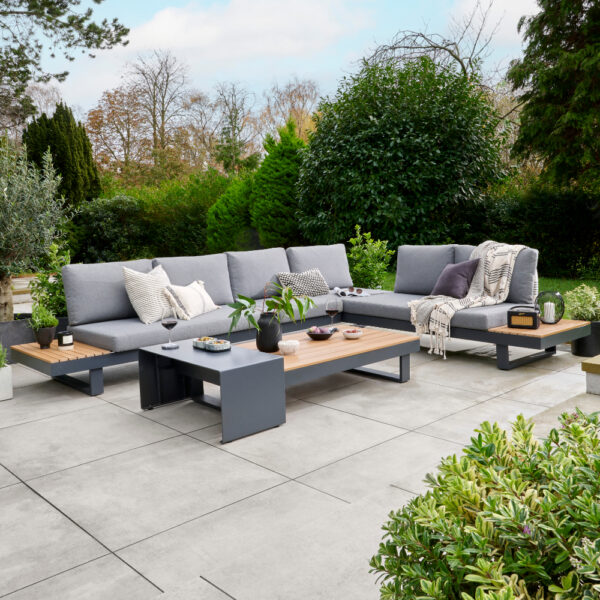 Easton Large Corner Set With Sun Recliner  -Anthracite Aluminium Frame with Poly Wood Table Top and Sides - Grey Cushions