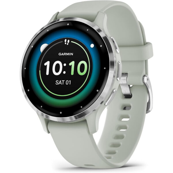 Garmin Venu 3S - Silver stainless steel bezel with sage grey case and silicone band