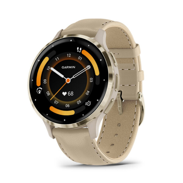 Garmin Venu 3S - Soft gold stainless steel bezel with French grey case and leather band