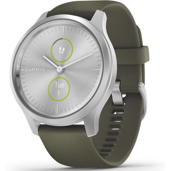 Garmin vivomove Style - silver aluminium case with moss silicone band
