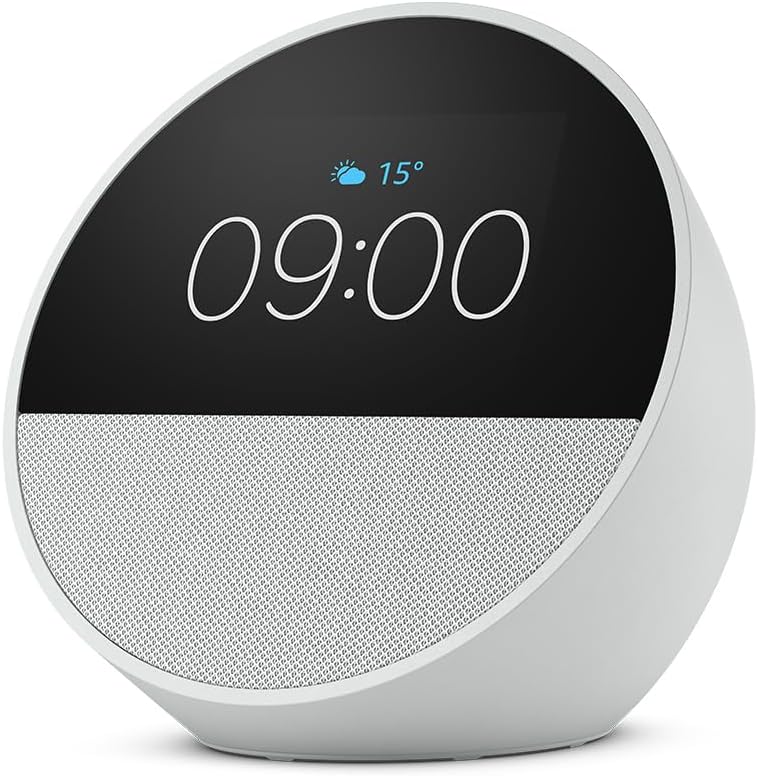 Amazon Echo Spot, Smart alarm clock with vibrant sound + Alexa, Glacier White
