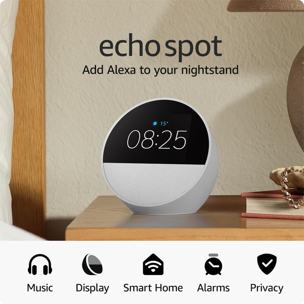 Amazon Echo Spot, Smart alarm clock with vibrant sound + Alexa, Glacier White - Image 2
