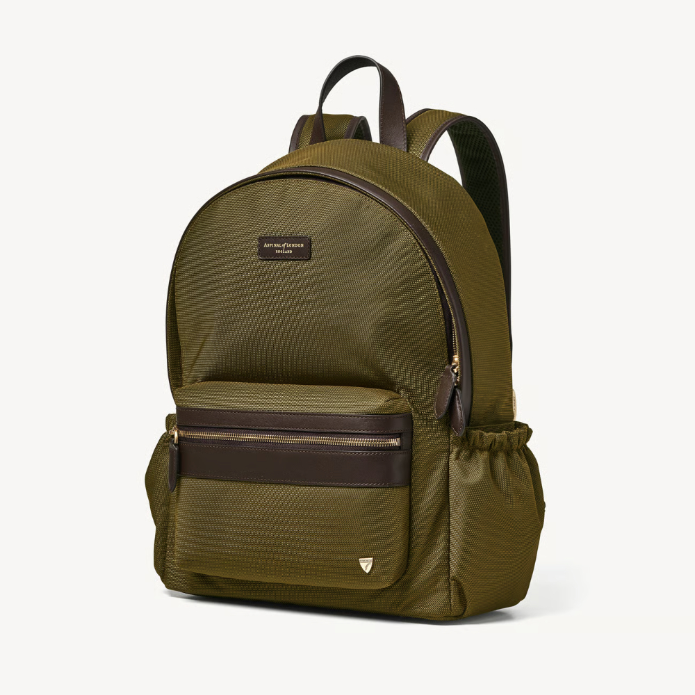 Aspinal of London Men's Backpack - Khaki Leather-Trim Nylon Canvas
