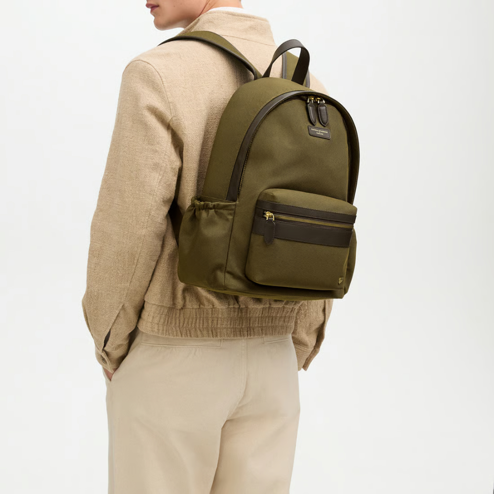 Aspinal of London Men's Backpack - Khaki Leather-Trim Nylon Canvas - Image 4