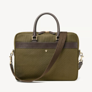 Aspinal of London Slim Nylon Briefcase - Khaki Leather-Trim Nylon Canvas