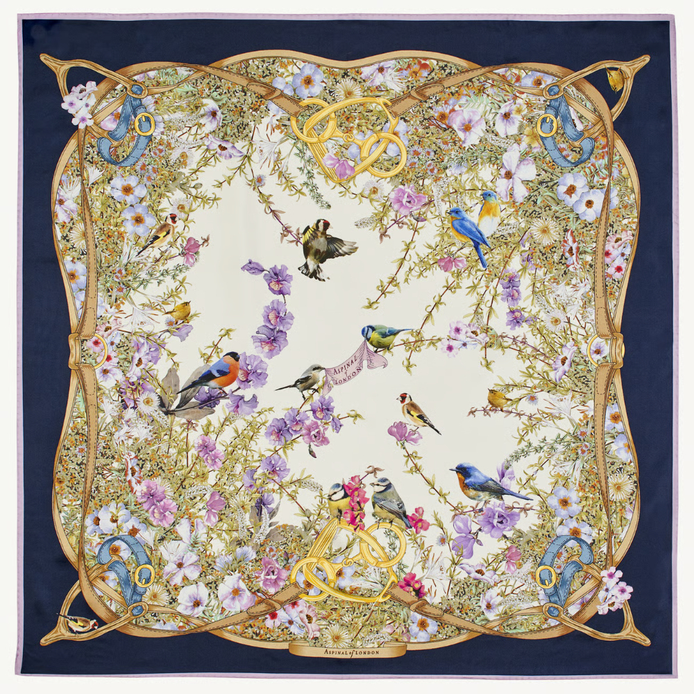 Aspinal of London Edwardian Garden Silk Scarf - Navy Pure Silk