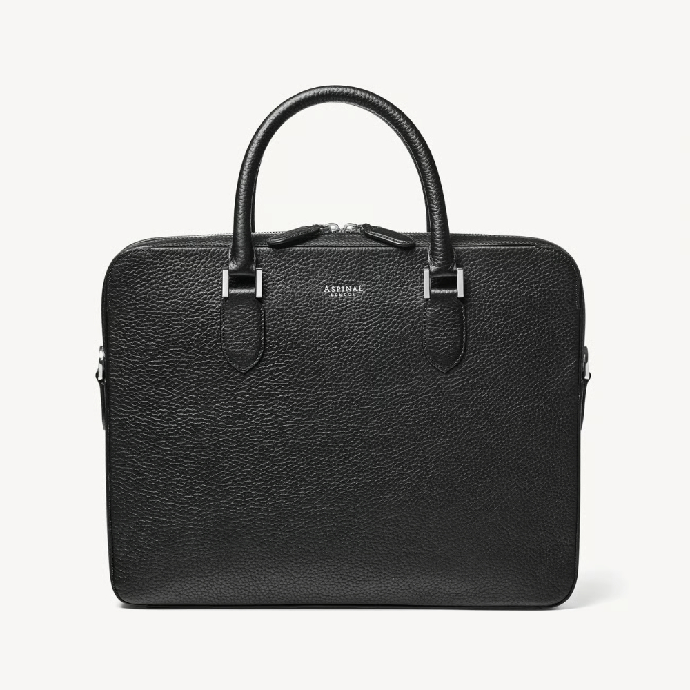 Aspinal of London Slim Leather Briefcase - Black Pebble