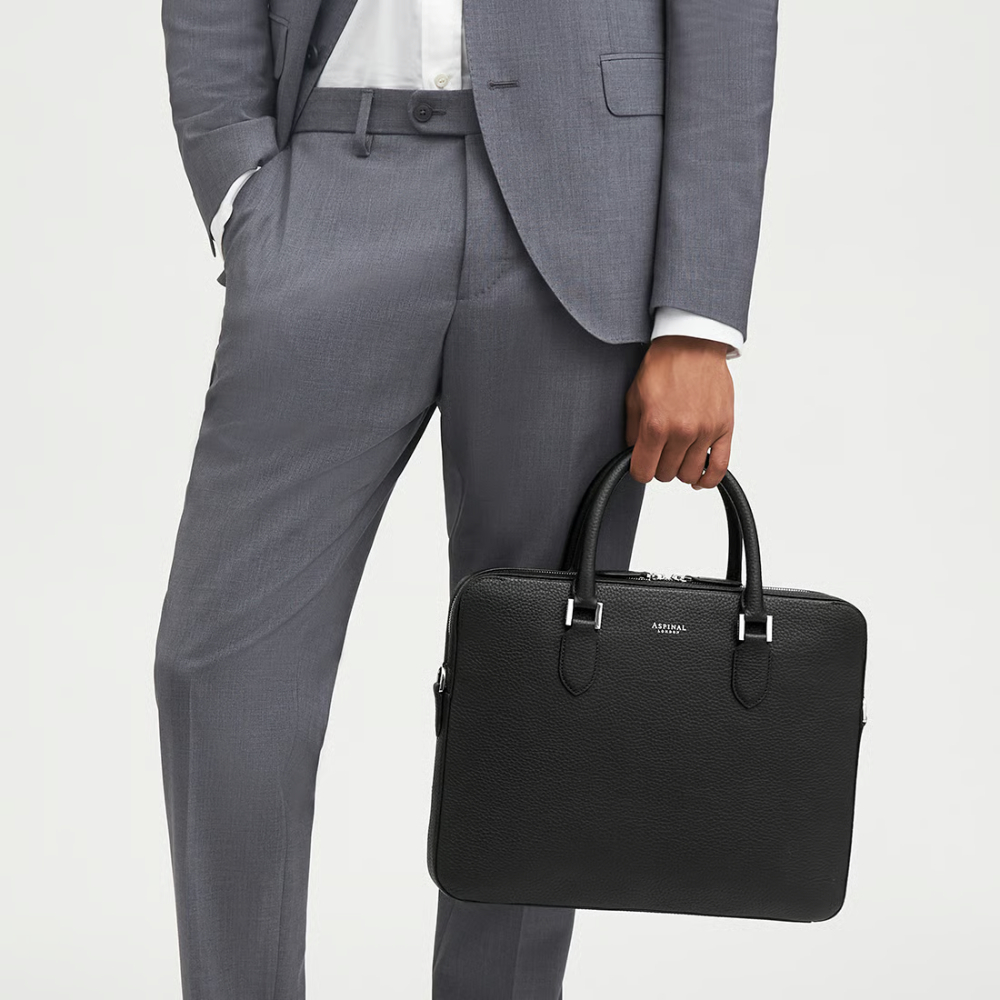 Aspinal of London Slim Leather Briefcase - Black Pebble - Image 3