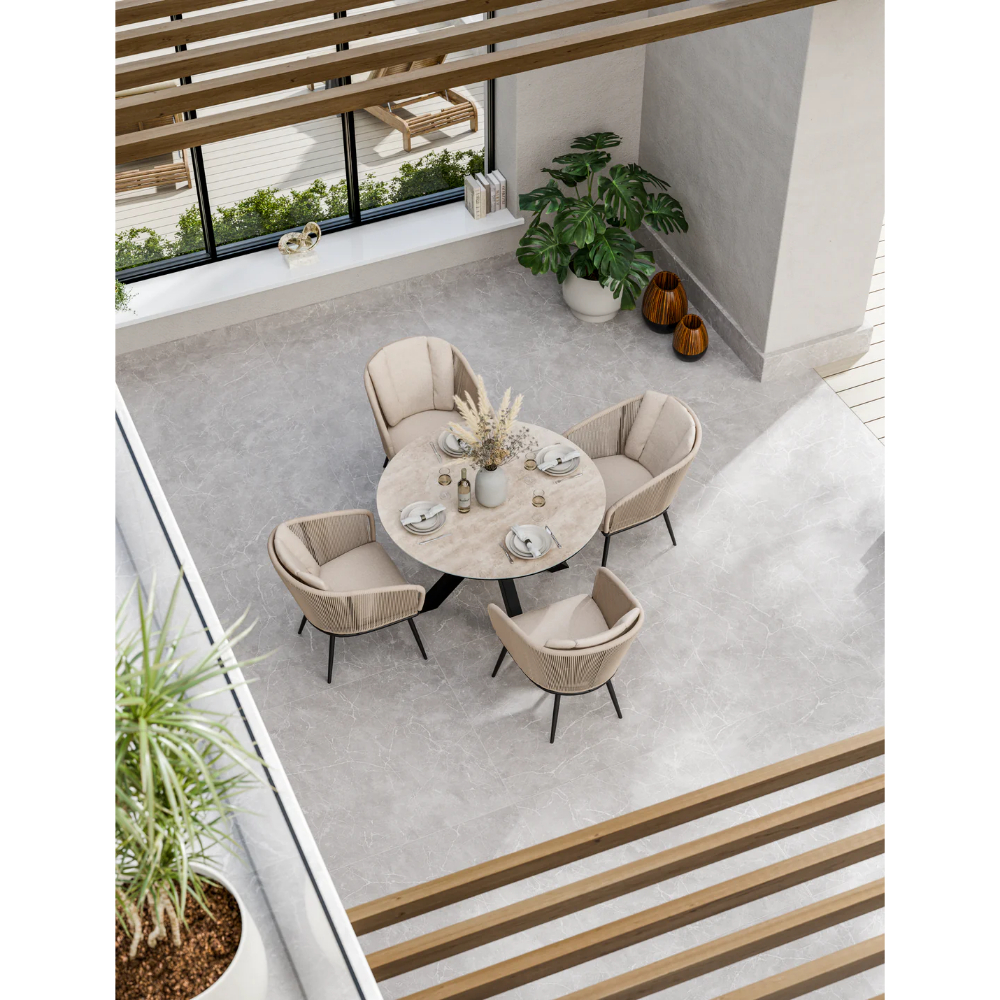 RoyalCraft BALI 120cm Round Natural Ceramic Glass Table with 4 Bali Rope Chairs