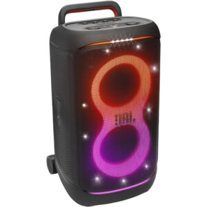 Powerful 400W portable Party speaker with replacable 6-cell battery, wheels and telescopic handle.