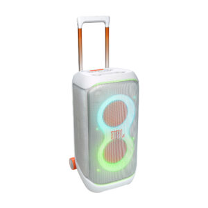 Powerful portable Party speaker with replacable battery and wheels. (UK power plug only). White Edition