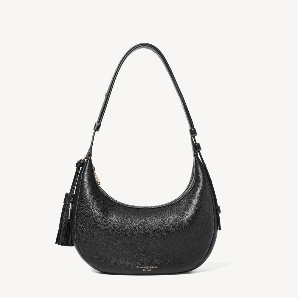 Aspinal of London Hudson Small Crescent - Black Milled Pebble
